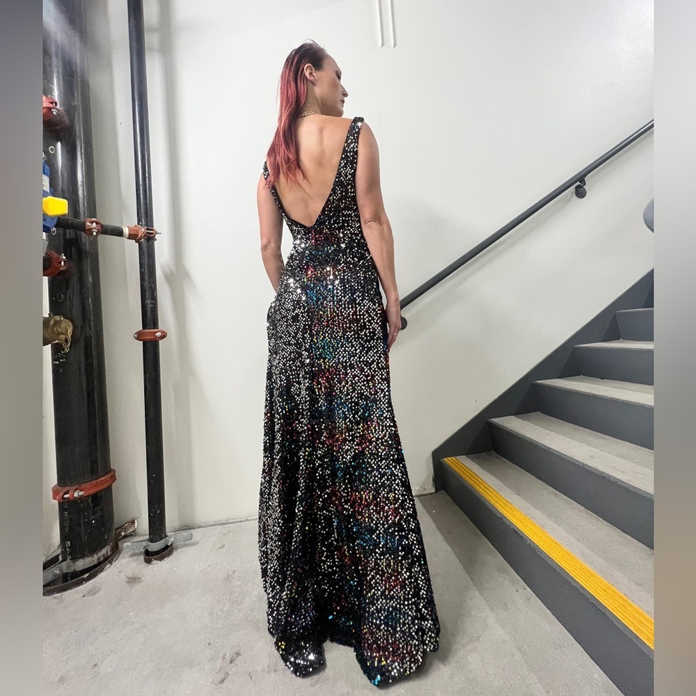 NWOT Mac Duggal Black Sequin Maxi Gown With Slit